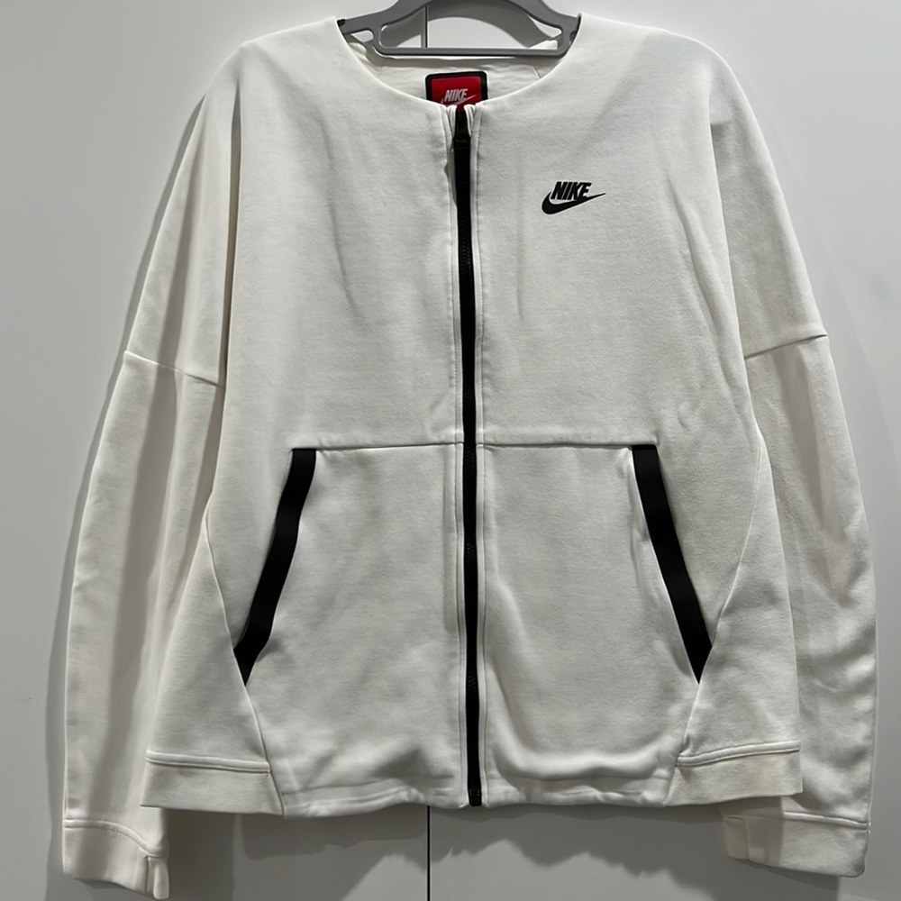Nike Womens Sz Medium Sportswear Tech Fleece White Full Zip LS Athletic Gym Fit